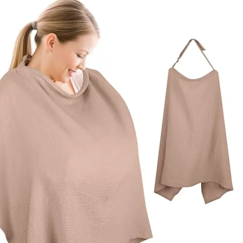 Cozary Stilltuch für Unterwegs, Stillschürze, 76 x 110 cm, Weicher und Atmungsaktiver Stillschal, Baumwolle, Nursing Cover for Breastfeeding Mit Rückenverstellgurt, Verstellbarer Riemen, Khaki