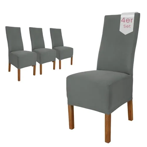 Scheffler Home Stuhlhussen Emma Cottina Grau 4er Set – Elastische Baumwoll-Stuhlbezüge für Hochlehner - Verleihen Sie Ihren Stühlen einen frischen Look mit den elastischen Stuhlhussen von Scheffler Home. Schützen Sie Ihre Möbel vor Staub und Flecken – waschbar bis 40 Grad und Öko-Tex zertifiziert.