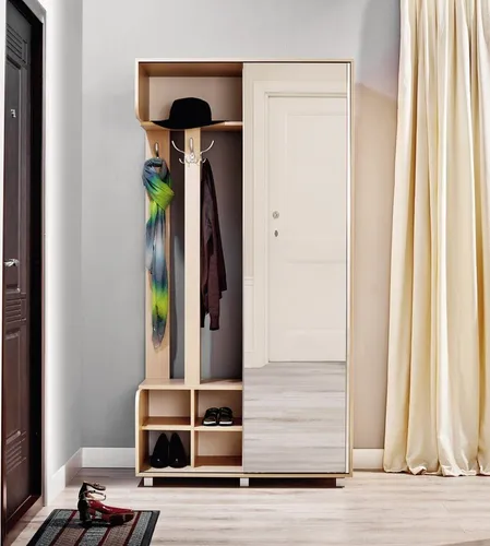 Garderobe "Trend" kompakt beige creme mit Spiegel - Moderne Garderobe für Erwachsene mit Schiebetür und verspiegelten Außentüren, ideal für Flur und Diele. Platzsparend und stylish bei nur 50 cm Breite.