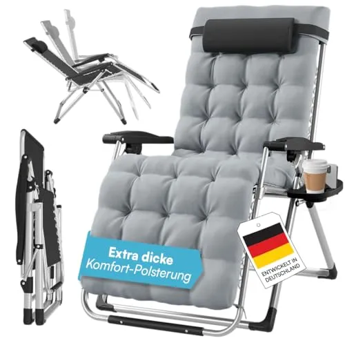 STEELSØN Gartenliege Lysira - Klappbarer Zero-Gravity-Stuhl in Grau/Silber - Klappbare Gartenliege mit atmungsaktiven Polsterauflagen und Getränkehalter. Ideal für entspannte Stunden im Freien. Wetterfest und stabil, bis 200 kg belastbar.