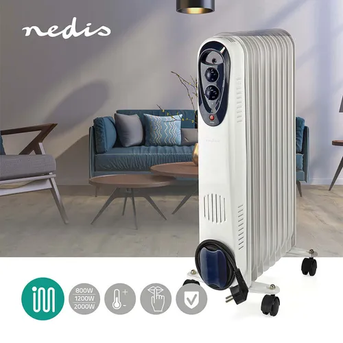 Nedis HTOI30WT9 Mobile Oil Radiator, Weiss - Thermostate - Mobiler Ölradiator mit schneller Aufheizzeit für Räume bis 20 m², 3 Heizstufen und Kippschutz für sichere Handhabung.