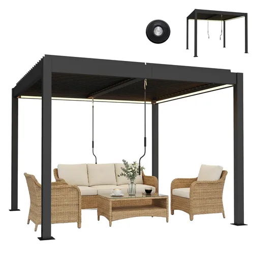 Aluminium Pergola 3x3 m mit LED-Beleuchtung und Fernbedienung - Moderne freistehende Pergola aus wetterbeständigem Aluminium, ideal für Terrassen. Mit praktischer LED-Beleuchtung für stimmungsvolle Abende. Montage erforderlich, inklusive Befestigungsmaterial.