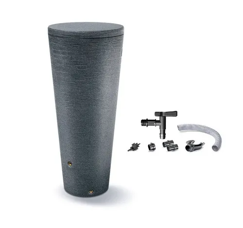 Kreher Regentonne "TUBO" 320 Liter in Grau - Frostsichere Regentonne aus robustem Kunststoff mit Füllautomat und Wasserhahn, ideal für Garten und Terrasse. Modernes Design in Granit-Optik, perfekt für die moderne Architektur.