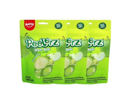 AMOS Süßigkeit, Amos Peelerz Gummies green Apple mit weicher Füllung 65g 3er Pack