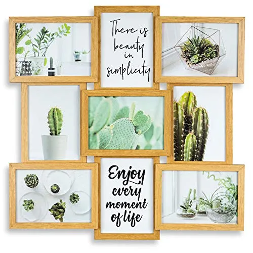 levandeo Bilderrahmen Collage 52x52cm für 9 Fotos - Stilvolle Collage für 9 Bilder (13x18 cm) in edler Eiche-Optik. Aus MDF mit Glasscheiben, bereits montiert und sofort aufhängbar. Ideal für persönliche Wanddekoration.