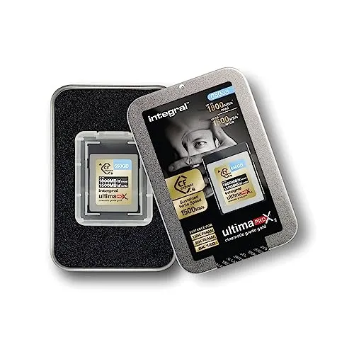 Integral 650GB CFexpress Memory Card Type B 2.0 12K and 8K RAW and 8K 120 FPS 1800MB/s Read 1500MB/s Write Speed 1500MB/s Sustained Write Speed Designed for Advanced Cinematic and DSLR Cameras