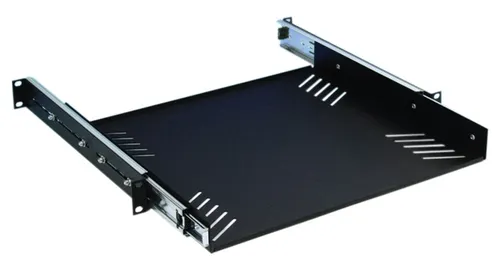 Adam Hall 87556 Ablage 19" 1 HE mit Auszugsschiene - Rackablage für 19 Zoll Racks, universelle Schlitze zur Montage verschiedener Geräte, verstellbare Montagetiefe von 360-480 mm für maximale Flexibilität.