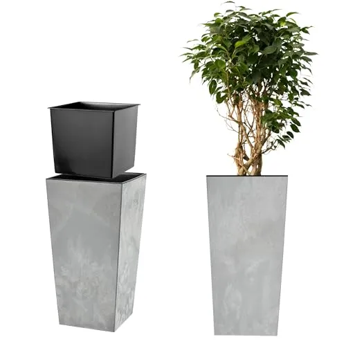 KADAX Pflanzkübel mit Innentopf, Höhe 68cm, Beton grau – Wetterfester Blumentopf für Innen & Außen, ideal für Garten, Balkon & Terrasse, zum Bepflanzen, Dekorieren und als stilvoller Übertopf