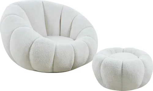 cosyou Sessel mit Hocker für Wohnzimmer & Schlafzimmer, Fernsehsessel Teddystoff - 360° drehbar weiß