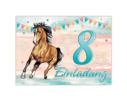 JUNAPACK Einladungskarten Pferd Einladungen zum 8. Kindergeburtstag Karten Mädchen Pastell, Einladungskarten zum achten Geburtstag mit Pferd Motiv