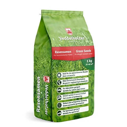 Veddelholzer Rasensamen - Dürre- und Schattenrasen, schnellkeimend, 1 kg - ✅ Dürre- und schattenresistente Rasensamen für 35-40 m². Ideal für wasserärmere Monate und schnelle Keimung. Trittfester Rasen für Spiel und Sport, perfekt für Mähroboter geeignet.