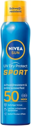 NIVEA SUN UV Dry Protect Sport Sonnenspray LSF 50 – 200 ml, schweißresistenter & extra wasserfester Sonnenschutz - NIVEA SUN Sport Sonnenspray schützt zuverlässig vor Sonnenbrand. Mit Sofort-Trocken-Effekt und leichter Textur ideal für aktive Menschen. Die Formel ist frei von bestimmten UV-Filtern und zu 91% biologisch abbaubar.