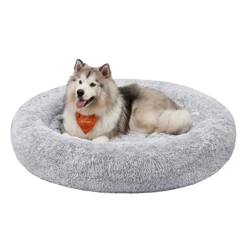 Feandrea Hundebett flauschig, Katzenbett, Donut Kissen, waschbar, Polsterung in der Mitte herausnehmbar, Langer Plüsch, 140 cm Durchmesser, Ombré-Grau PGW044G01