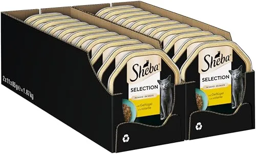 SHEBA Nassfutter für Katzen Selection in Sauce mit Geflügelhäppchen 22 x 85g - Luxuriöses Nassfutter mit zarten Geflügelhäppchen in unwiderstehlicher Sauce. Ideal für jeden Tag – für Katzen ab 12 Monaten bis Senioren. Praktisches Vorratspack mit 22 Schalen für unverwechselbaren Genuss!