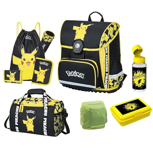 Pokémon Schulranzen für die 1. bis 4. Klasse · Ergonomisch, Kompakt, Leicht · Pokemon Schultasche mit Pikachu Motiv · Einschulungs-Set mit mit Sporttasche, Dose und Flasche (9-teiliges Set, Gelb)