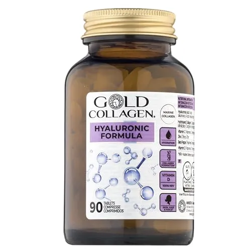 Gold Collagen Hyaluronformel | Das #1 Schönheitsergänzungsmittel | Hydratations-Booster mit Hyaluronsäure, Kollagen-Vitamin C, Zink für Hautstrahlung, Kollagenbildung, feine Linien & Falten | 90 Tage