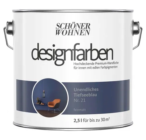 Schöner Wohnen Designfarbe Blau - Unendliches Tiefseeblau 2,5L - Farben für den Innenbereich, UV-beständig und farbecht. Ideal für alle Zimmer mit einer Abdeckung von 21-30 m², überstreichbar nach nur 6 Stunden.