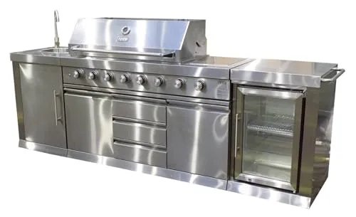 Outdoor Küche BBQ mit Gasgrill – Edelstahl Außenküche in Silber - Grills: 6-Flammen-Grill mit LED-Beleuchtung, Seitenkocher und Kühlschrank – ideal für unvergessliche Grillabende im Freien.