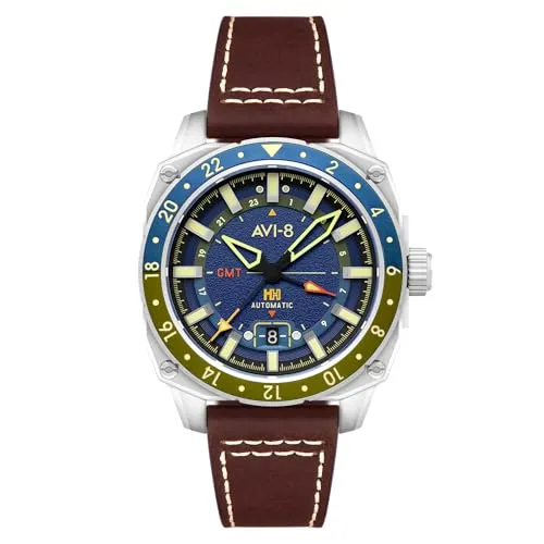 AVI-8 Hawker Hunter Atlas GMT Automatikuhr für Herren, 44 mm - Hochwertige Automatikuhr mit 44 mm Edelstahlgehäuse und Echtlederband. Die Atlas GMT bietet präzise Zeitmessung und ein markantes Design, inspiriert von der militärischen Luftfahrt. Wasserdicht bis 5 ATM.