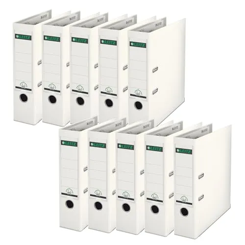 Leitz Qualitäts-Ordner 180° Plastik, 10er Pack, das Original, DIN A4 Aktenordner 8 cm breit, 90% Recycling-Karton, 30% Pre-Consumer Recycling-Kunststoff, Mit 180° Mechanik, 600 Blatt, Weiß, 10101001