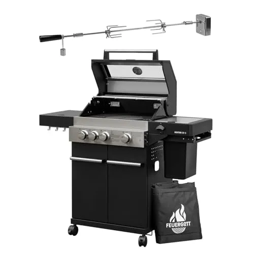 Feuergott Gasgrill Hektor 3B-S mit Drehspieß - Vielseitiger Gasgrill mit 3 Brennern, Infrarot-Keramikbrenner und Gusseisen-Grillrost für perfekte Grillmarkierungen und saftige Ergebnisse im Garten oder auf der Terrasse.
