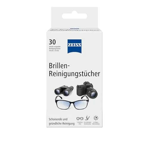 ZEISS Brillen-Reinigungstücher mit Alkohol - 30 Stück für schnelle und schonende Reinigung - Brillen-Pflegemittel: Mikrofeine Tücher für effektive, schonende Reinigung von Brillengläsern und Displays - ideal für unterwegs, trocknen in Sekunden.
