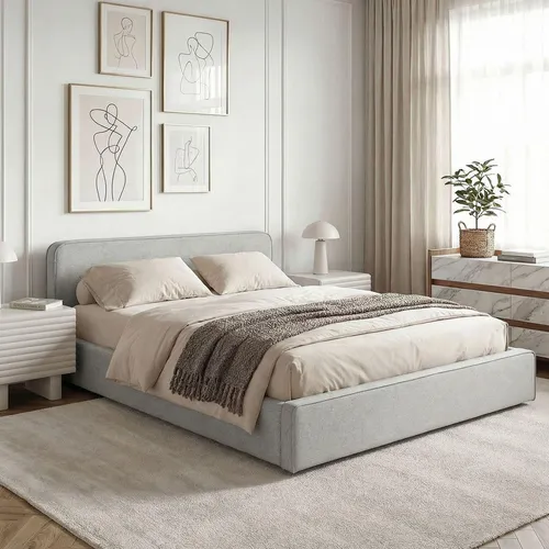 IDIMEX Polsterbett MARINI 140x200 cm - Modernes Doppelbett mit Lattenrost und gepolstertem Kopfteil - Betten: Doppelbett MARINI in elegantem hellgrau, mit stabilem Holzgestell und bequemem Kopfteil für entspannten Komfort und stilvolles Schlafzimmerdesign.