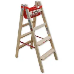 Euroline Holz Stufenstehleiter mit Comfort-Stufen - Leitern mit 80 mm Comfort-Stufen für bequemen Stand und erhöhte Sicherheit. Ideal für längere Einsätze, mit Werkzeugablage und Eimerhaken für effizientes Arbeiten.