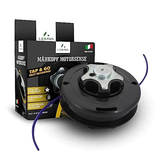 LERAVA® Fadenkopf für Motorsense - M10x1.25 mit Tap & Go System - Motorsensen-Zubehör mit innovativem Tap & Go System für mühelosen Fadenwechsel. Robuster Stahlknauf sorgt für maximale Haltbarkeit und einfachen, werkzeugfreien Austausch.