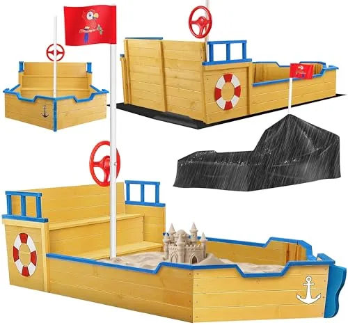KIDIZ® Sandkasten AHOI - Piratenschiff aus Holz - Große Sandbox im Piratendesign mit Sitzbank, Abdeckung und Stauraum für Spielzeuge. Fördert kreatives Spielen und macht den Garten zum Abenteuerland!