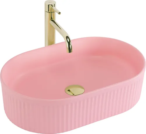 REA VANDA BUBBLE GUM Aufsatzwaschbecken matt Pink - Stilvolles Aufsatzwaschbecken in Pastell Pink, das Ihrem Badezimmer modernen Charme verleiht. Die matte Oberfläche und die geriffelte Struktur verbinden Funktionalität mit einzigartigem Design und sind leicht zu reinigen.