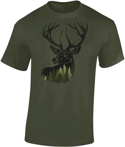 Baddery Jäger T-Shirt Herren - „Forest Deer“ - Jagd Shirt für Männer mit Hirsch-Motiv (Army L)