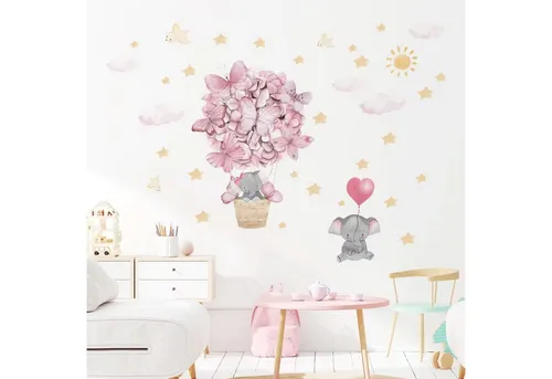 Montegoni Wandsticker Kinder Tier Dekoration (Elefant, Ballon, Sterne, Wolken, mit Sonne Wandaufkleber), Wandtattoo mit Waldtieren für Schlafzimmer,Kinderzimmer
