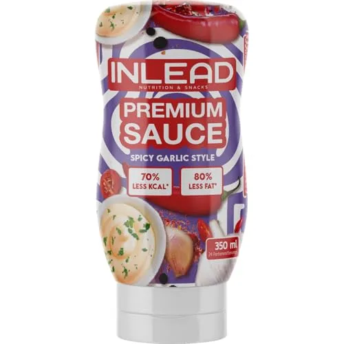 INLEAD - Premium Sauce - Light Sauce | 70% weniger Kalorien & 80% weniger Fett | Perfekt Zur Diät | Kalorienarme Ernährung | Vegan | Glutenfrei | Laktosefrei - 350ml (Spicy Garlic Style)