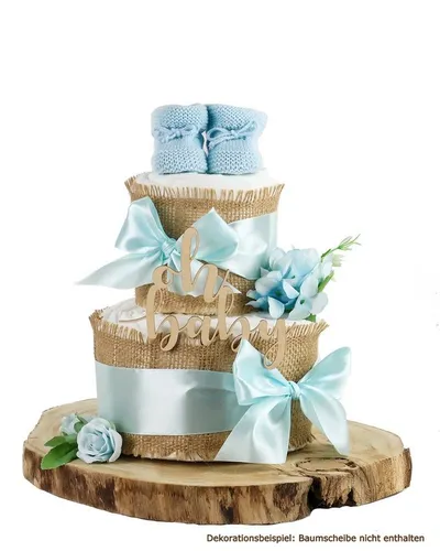 dubistda WINDELTORTEN Neugeborenen-Geschenkset - Erstausstattungspakete mit 2-stöckiger Windeltorte, inklusive "Oh Baby"-Holz Caketopper und süßen Baby Booties in Blau – das perfekte Geschenk zur Geburt!