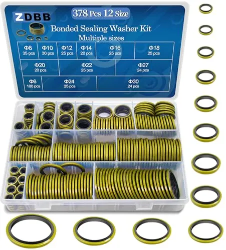 ZDBB 12 Größen 378 Stück geklebte Dichtungsscheibe Kit, Automotive selbstzentriert AC Dichtung Metall Gummi Dichtung Reparatur Sortiment Set M6 M8 M10 M12 M14 M16 M18 M20 M22 M24 M27 M30