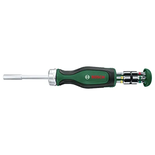 Bosch Ratschenschraubendreher mit Bit Magazin, 12-teilig - Schraubendreher-Set mit hohem Drehmoment (bis 50 Nm), 12 farbcodierte Bits im integrierten Magazin und praktischer Ratschenfunktion für effizientes Arbeiten.