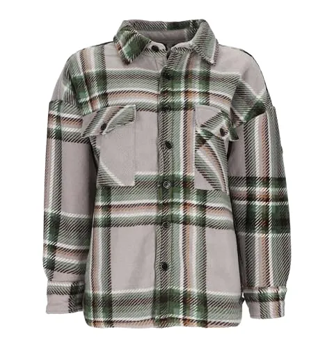 Baumfuchs Damen Overshirt mit Karomuster - Hemd-Jacke mit Sherpa-Futter in Grau-Grün Größe XXL