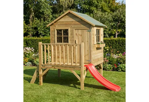 bv-vertrieb Spielturm Kinderspielhaus mit Rutsche und Leiter - Robustes Spielhaus aus Kiefernholz für den Garten, ideal für Kinder ab 4 Jahren. Mit Rutsche und Leiter für abwechslungsreichen Spielspaß unter Aufsicht von Erwachsenen.