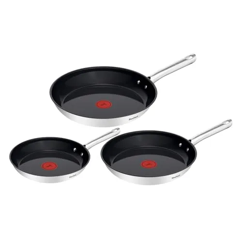 Tefal Duetto On Pfannen-Set 3-teilig, 20/24/28 cm, Edelstahl mit Go Ceram Antihaftbeschichtung - Hochwertiges Pfannen-Set mit langlebiger Go Ceram Beschichtung für fettfreies Braten. Der innovative Thermo-Signal zeigt die optimale Brattemperatur an. Für alle Herdarten geeignet und mit genietetem Griff für sicheres Hantieren.