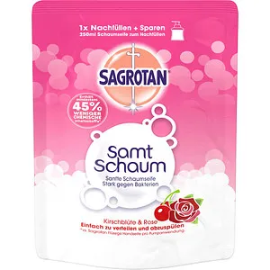 SAGROTAN Samt Schaum Schaumseife 250 ml - Hygienische Seife mit blumigem Duft, sanft zur Haut und stark gegen Bakterien. Ideal für tägliche Handreinigung im umweltfreundlichen Nachfüllbeutel.