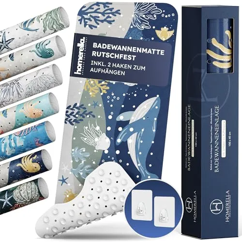 Homerella® Rutschfeste Badewannenmatte 100x40cm - Badewannenmatte rutschfest, 100% BPA-frei, schimmelresistent & inklusive 2 Haken zum Aufhängen für optimale Trocknung - ideal für Kinder, Senioren und Haustiere.
