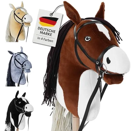 Hoofly® Hobby Horse Braun (Schecke) - Großes Steckenpferd für Kinder A3 mit Schraubstab/Horsing Hobby Horse Pferde Set mit Trense in 4 Farben/Steckenpferde Stockpferd mit Zubehör Hors