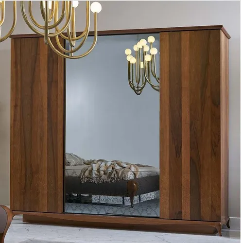 Eleganter Holz-Kleiderschrank mit Spiegel - Freistehender Kleiderschrank in Braun mit 4 Glastüren, ideal für das Schlafzimmer. Hochwertige Materialien und modernes Art-déco-Design machen ihn zum Blickfang. Maße: 259 x 64 x 223 cm.
