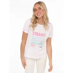 T-Shirt ZWILLINGSHERZ "Strand Meer Heimat" Damen LXL - Modisches Damen-T-Shirt von Zwillingsherz mit maritimer Stickerei und Pailletten-Anker. Komfortabler, hüftlanger Schnitt für trendige Looks. Ideal für Strand und Freizeit!