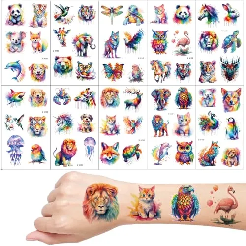 Tier Tattoos für Kinder, 10 Blätter Wasserfarben Tiere Temporäre Tattoos, Kinder Tattoo Hautfreundlich, Schultüte Füllung, Mitgebsel Kindergeburtstag