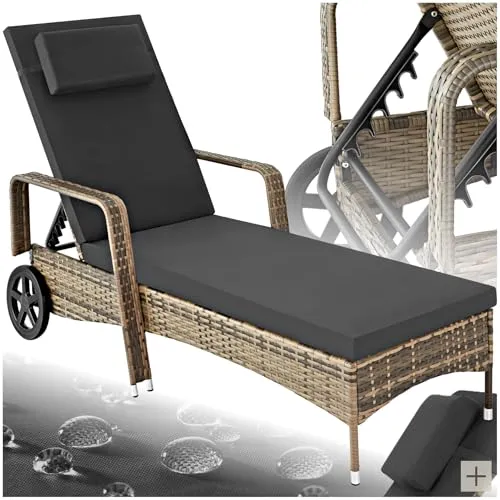 tectake Poly Rattan Gartenliege mit Rollen - Liegen für entspannte Stunden: 6-fach höhenverstellbar und bis 120kg belastbar, wetterfestes Design mit bequemer Polsterung – ideal für Garten oder Terrasse!