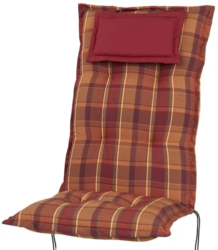 KETTtex Hochlehnerauflage Rom 2136 - Hochlehner Gartenstuhlauflage in orange-rot kariert, 9 cm dick mit Kopfpolster und verstellbarem Halteband für optimalen Sitzkomfort. Ideal für Garten und Terrasse.