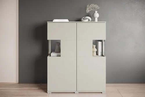 INOSIGN Highboard Kenia - Modernes Highboard mit Glastüren, 100 cm breit, beige - Wohnzimmerschrank mit 2 Glastüren und 6 Einlegeböden, ideal für stilvolle Aufbewahrung und Präsentation. Push-to-open-Funktion für komfortables Öffnen.