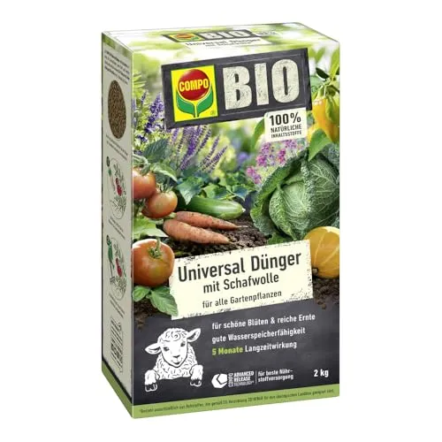 COMPO BIO Universal Langzeit-Dünger mit Schafwolle 2 kg - Hochwertiger Naturdünger mit 50% Schafwolle für bis zu 5 Monate gleichmäßige Nährstoffversorgung. Ideal für Gartenpflanzen, Obst und Gemüse. Fördert kräftiges Wachstum und verbessert die Bodenqualität.